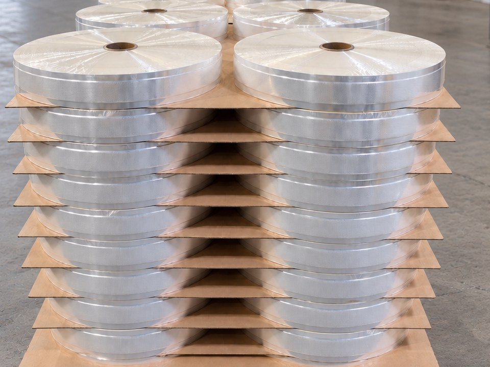 Geschnittene Folienrollen auf Europalette, versandfertig für die Verpackungslinie